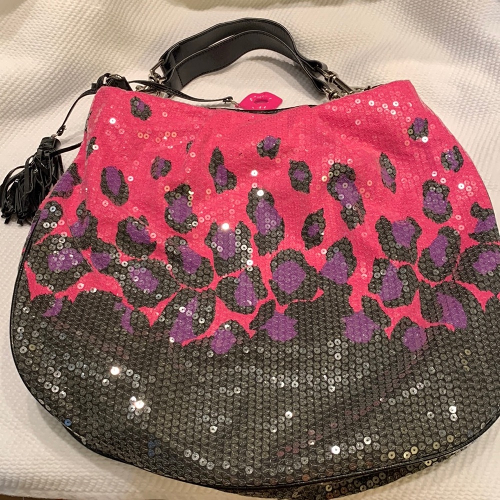 Betsy Johnson black pink purple leopard sequin bag